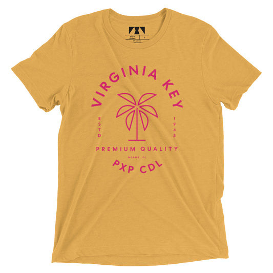 A yellow t-shirt with 'Virginia Key' and a palm tree graphic printed in pink on the front.