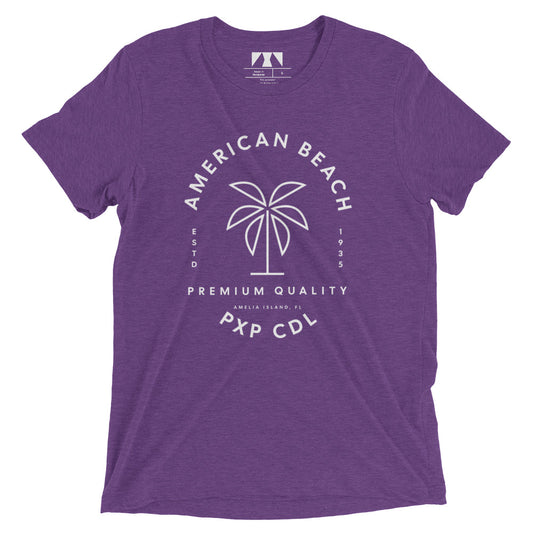 A purple crew neck t-shirt with the text 'AMERICAN BEACH PREMIUM QUALITY PXP CDL' printed on the front.