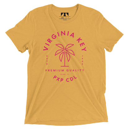 A yellow t-shirt with 'Virginia Key' and a palm tree graphic printed in pink on the front.